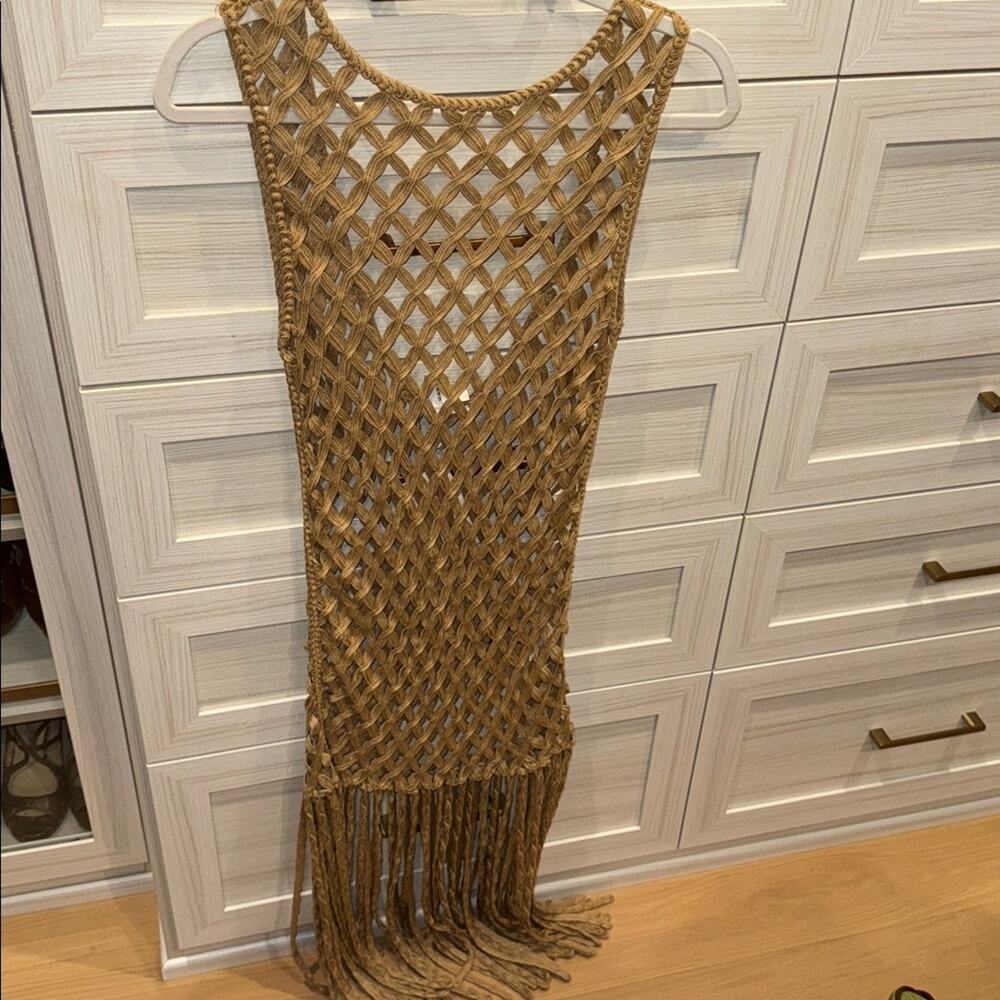 ZARA WOMEN MESH DRESS WITH FRING BEACH COVERUP Tan Crochet Small - Picture 11 of 13